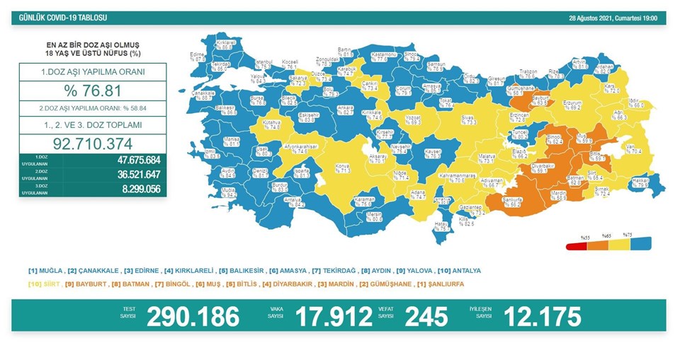Türkiye'de 17 bin 912 kişinin Kovid-19 testi pozitif çıktı, 245 kişi hayatını kaybetti