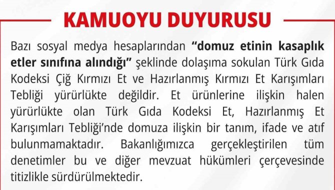 Gıda Ve Kontrol Genel Müdürlüğü Domuz Etinin Kasaplık Etler Sınıfına Alındığı Yönündeki İddiaları Yalanladı